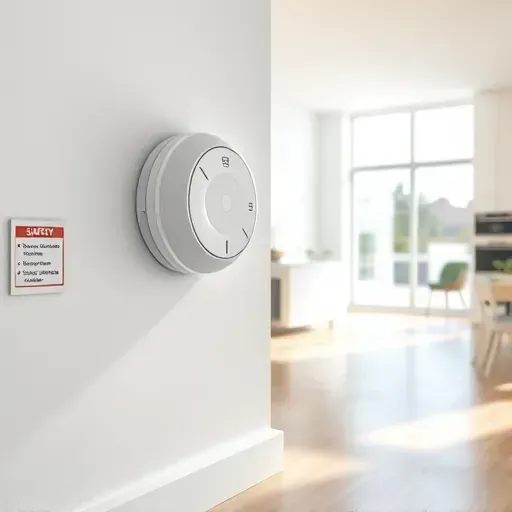 Modern carbon monoxide detector installed on white wall in sleek Fort Worth interior with safety signage and natural light