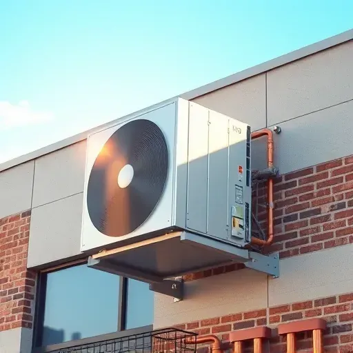 High-efficiency air conditioning unit installed on modern commercial building in Fort Worth Texas with brick accents