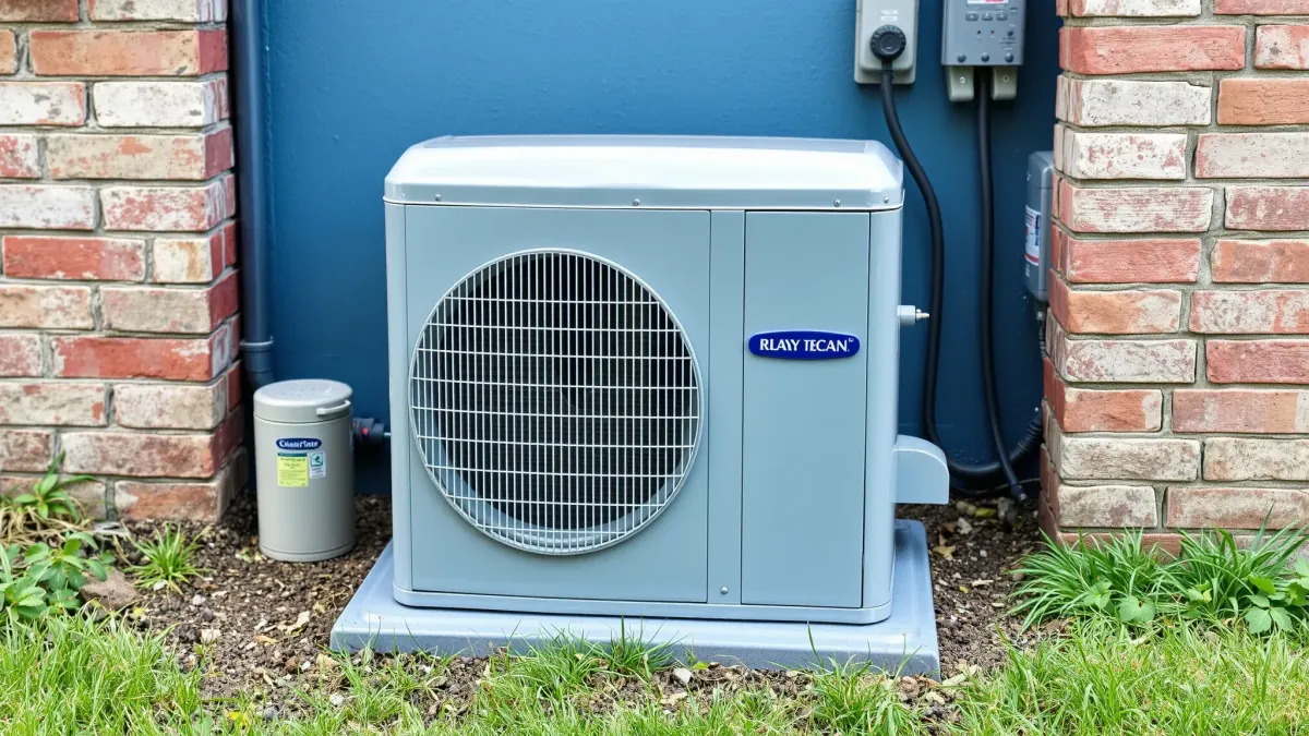 Outside air conditioning unit on a modern home in Northlake, TX, with lush greenery, a clean porch, and suburban background.