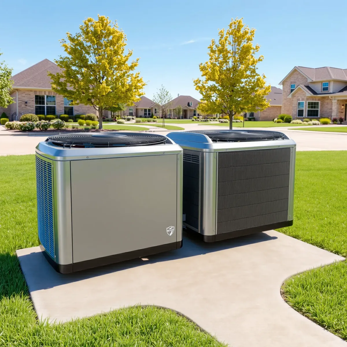 Modern outdoor HVAC system installed in Kennedale, TX, showcasing sleek design, durable metallic surfaces, and landscaped surroundings.