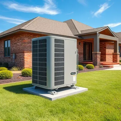 Modern outdoor air conditioning unit installed on a tidy lawn with landscaping and a brick house under bright blue sky