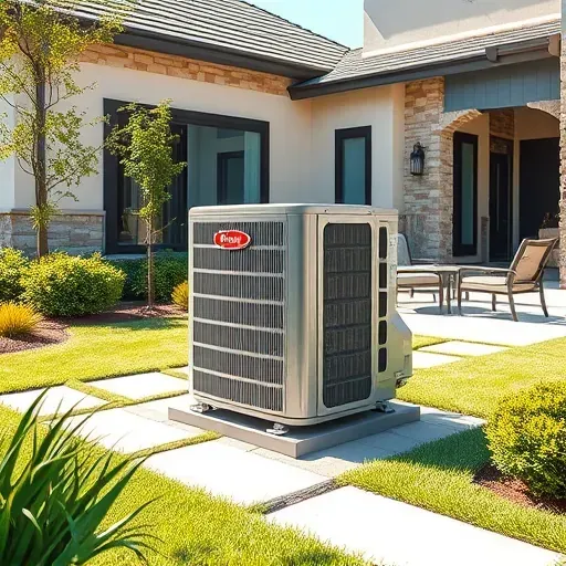 Air conditioning unit outside a modern home in Edgecliff Village TX, surrounded by manicured grass and decorative shrubs.