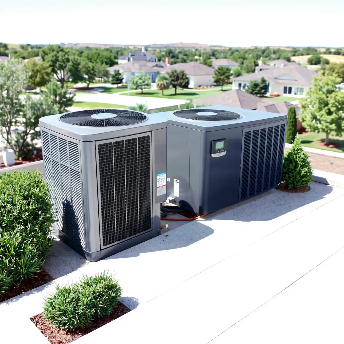 Modern residential HVAC system exterior installation in Shady Shores, TX, showing sleek design and lush suburban yard.