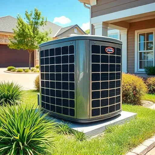 Serviced outdoor central air conditioning unit outside a modern home in Northlake, TX, surrounded by lush landscaping and sunny sky.