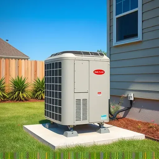 Repaired air conditioning external unit on concrete pad in landscaped Lake Worth TX backyard with lush greenery