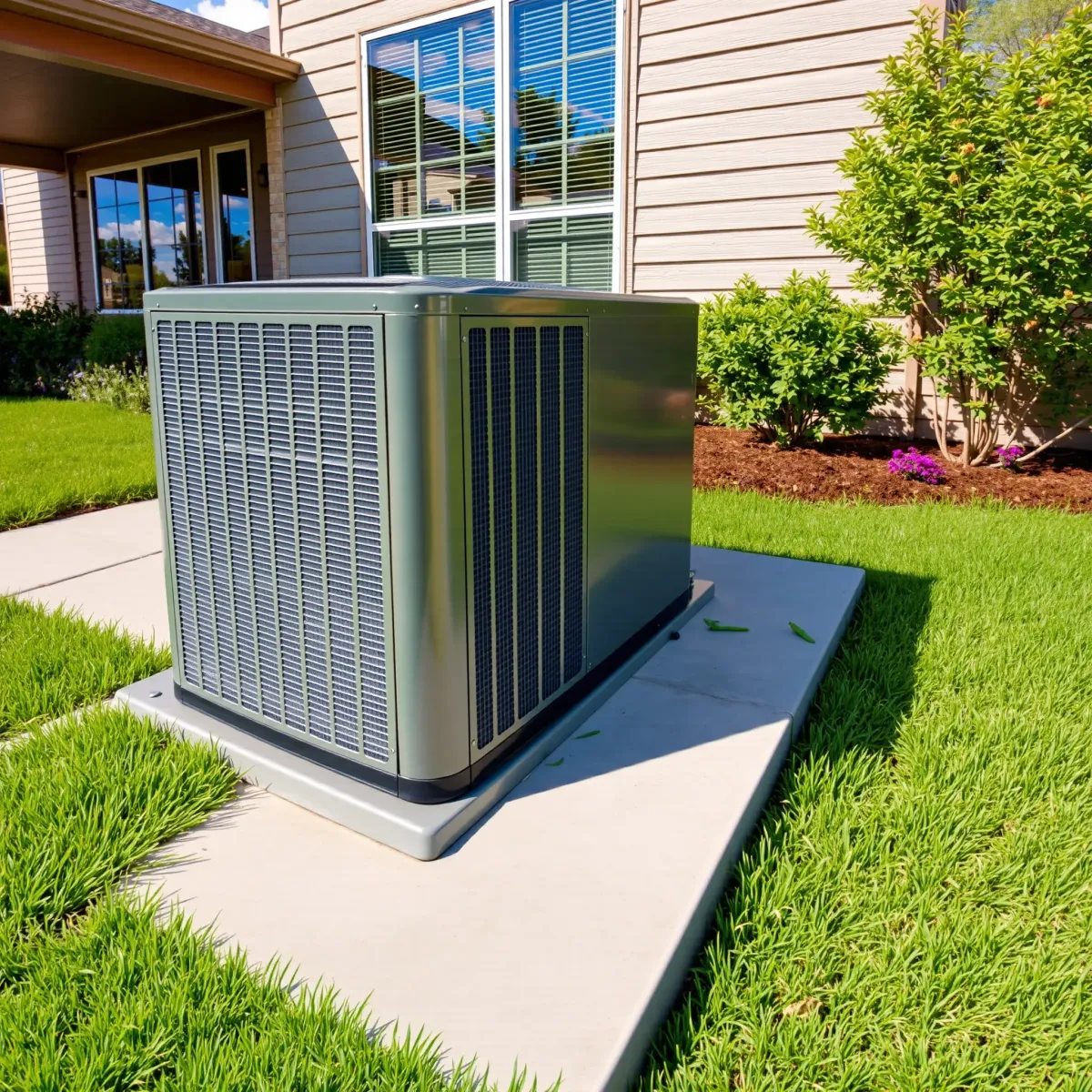 Newly installed modern HVAC unit on concrete pad in Saginaw, TX backyard with lush landscaping and suburban house background.