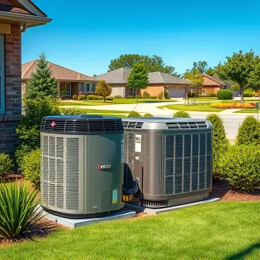 Newly installed modern HVAC units in a landscaped Benbrook, TX yard, surrounded by lush greenery and suburban neighborhood.