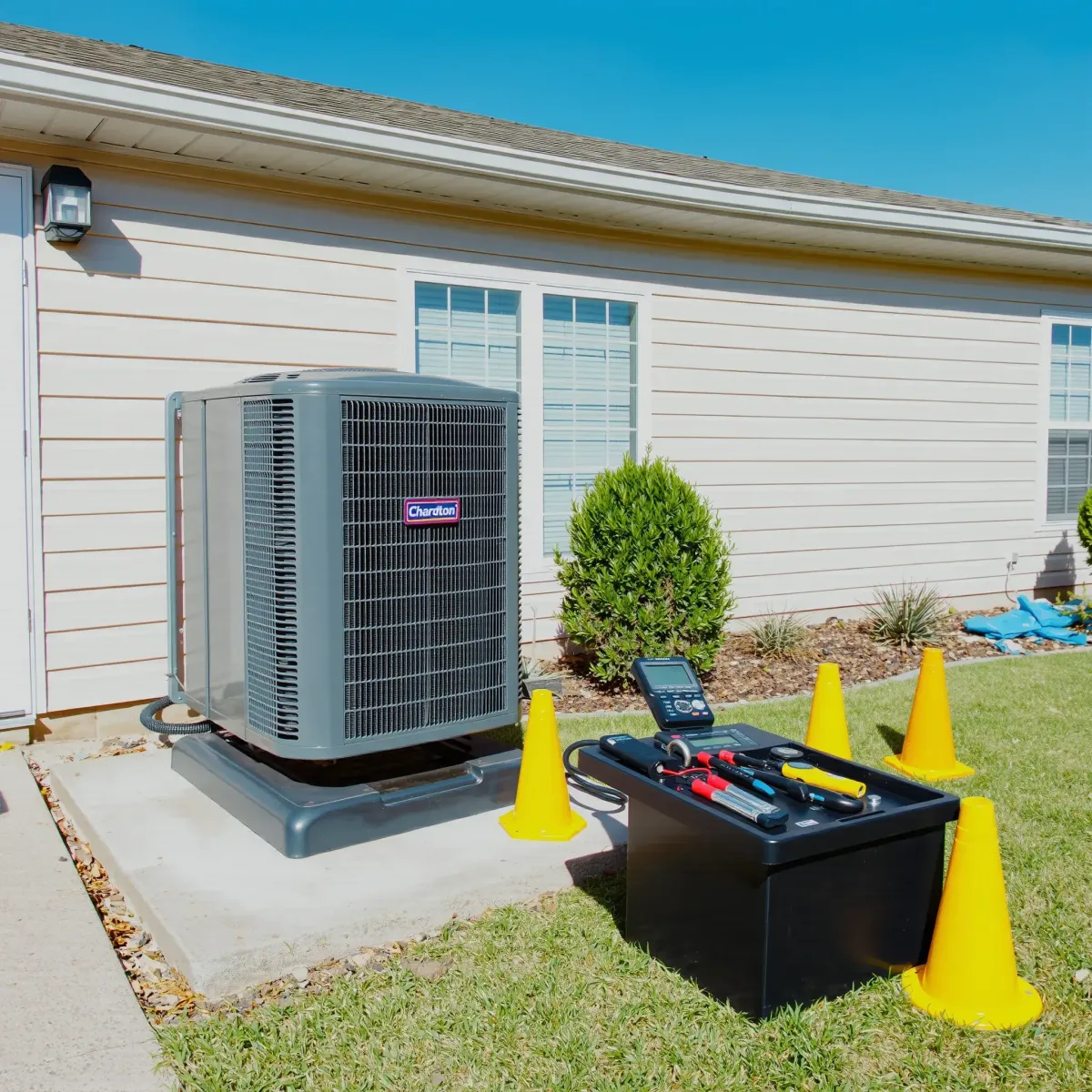 Outdoor HVAC repair scene in Haltom City, TX with a technician's tools, caution cones, and a clean outdoor AC unit.