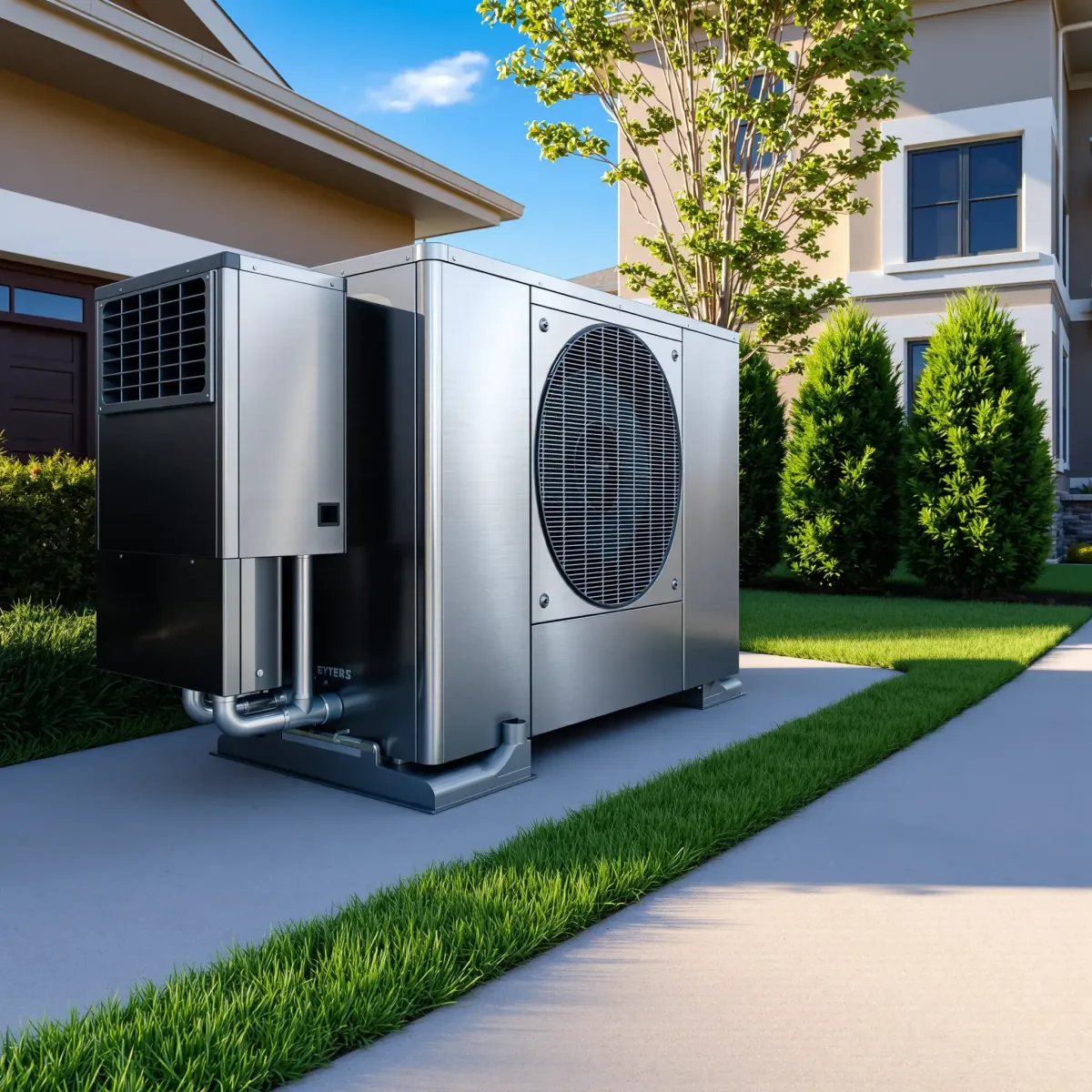 Modern outdoor HVAC unit on a concrete pad in a Hudson Oaks backyard with shrubs, suburban homes, and Texas sky.