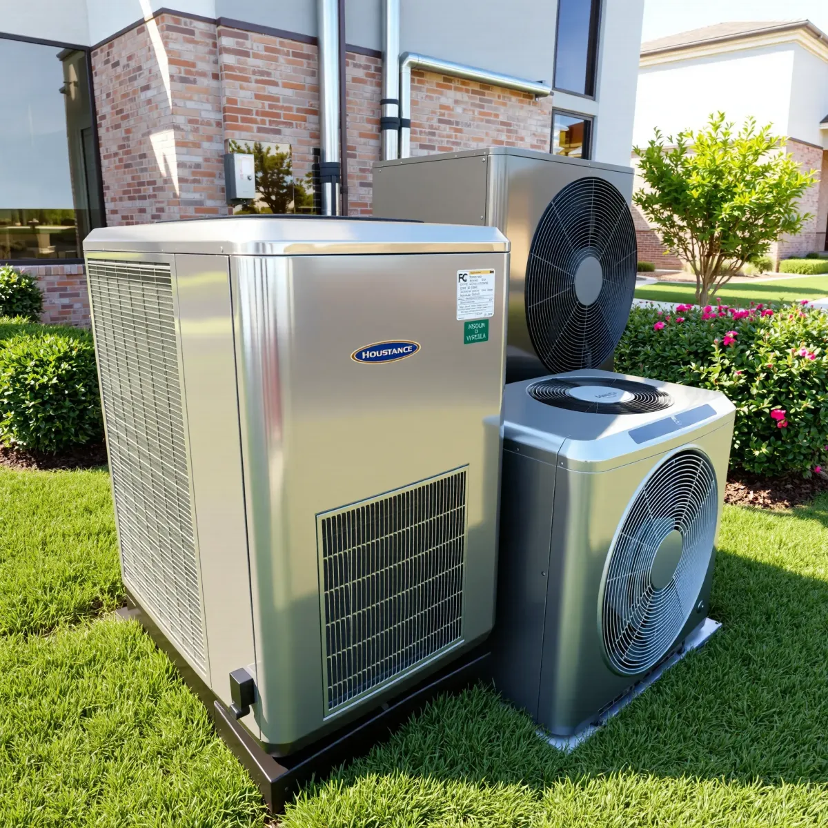 Outdoor sleek HVAC unit in Justin, TX, with metallic surfaces, vents, control panels, amidst a green backyard.