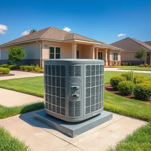 Freshly serviced modern outdoor air conditioning unit on a concrete pad in Blue Mound Texas within a lush landscaped yard beside a modern home