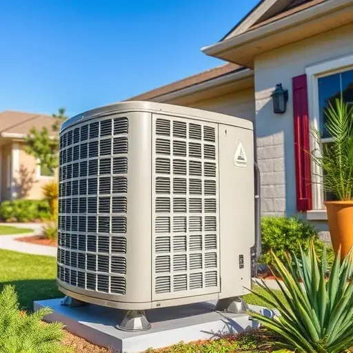 Repaired outdoor air conditioner on a well-kept Lake Worth home with lush greenery, bright sky, and detailed metal fins.
