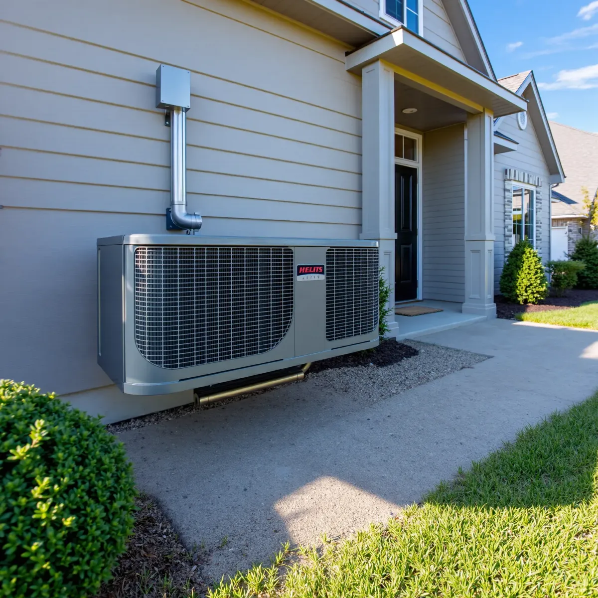 Outdoor A/C unit repair scene in Forest Hill, TX, with tools, lush greenery, and a residential house exterior.
