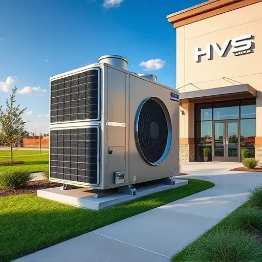 Professional HVAC installation outside a modern commercial building in Saginaw, TX, with sleek metallic system, landscaped surroundings, and clear sky.