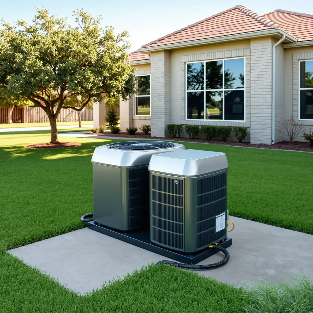 HVAC system installed on a home exterior in Pecan Acres, TX, showcasing modern design amid lush greenery and tidy landscape.