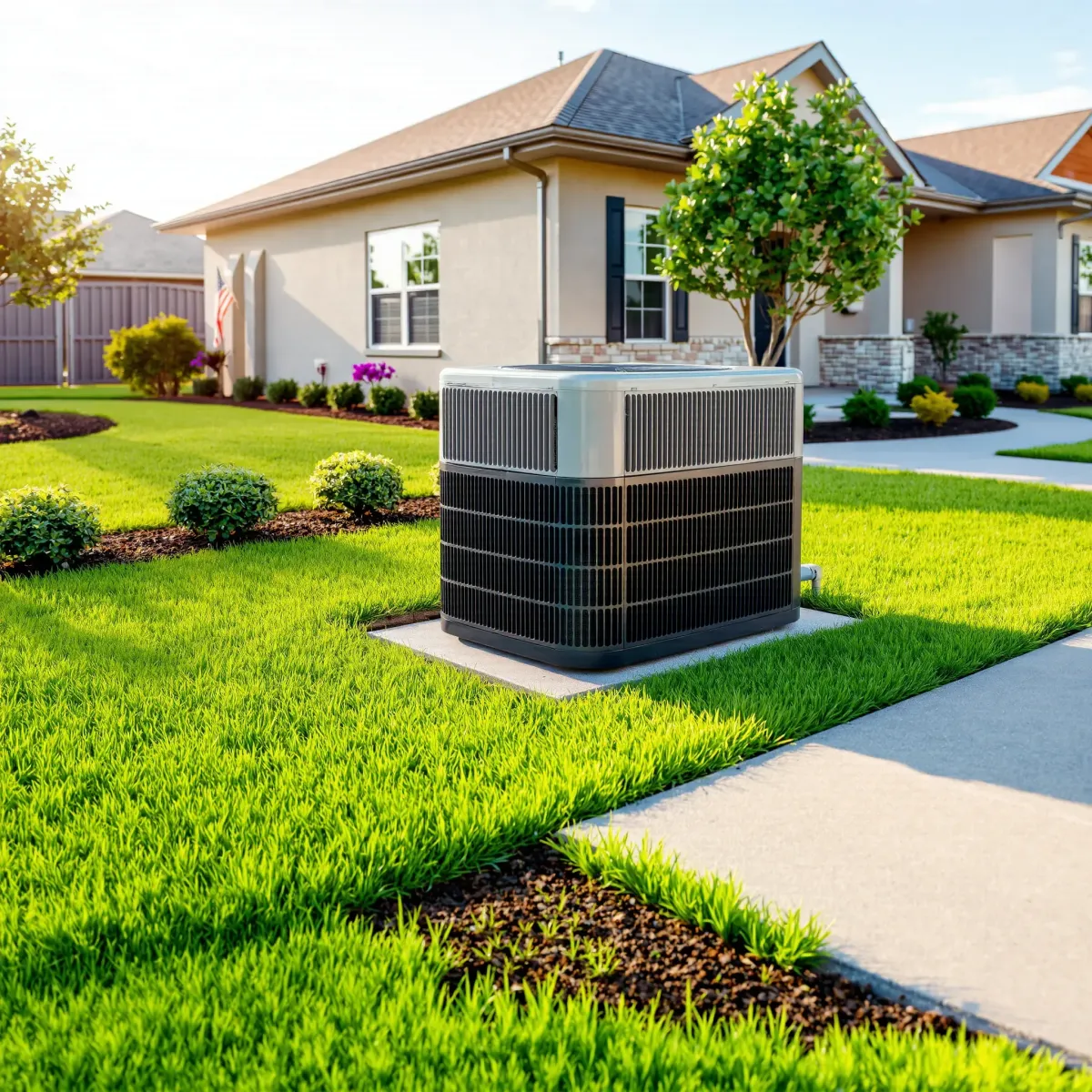 Well-maintained HVAC system installed outdoors in Benbrook, TX, with landscaped yard and suburban home background.