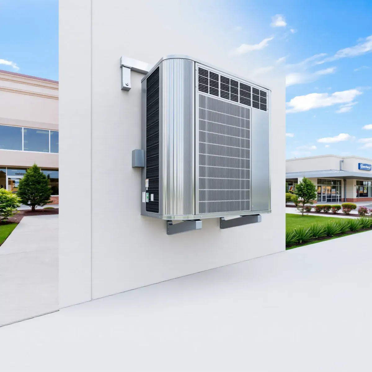 Modern HVAC unit on a house exterior in Burleson, TX, with sunny skies, greenery, brick wall, and neighboring homes.