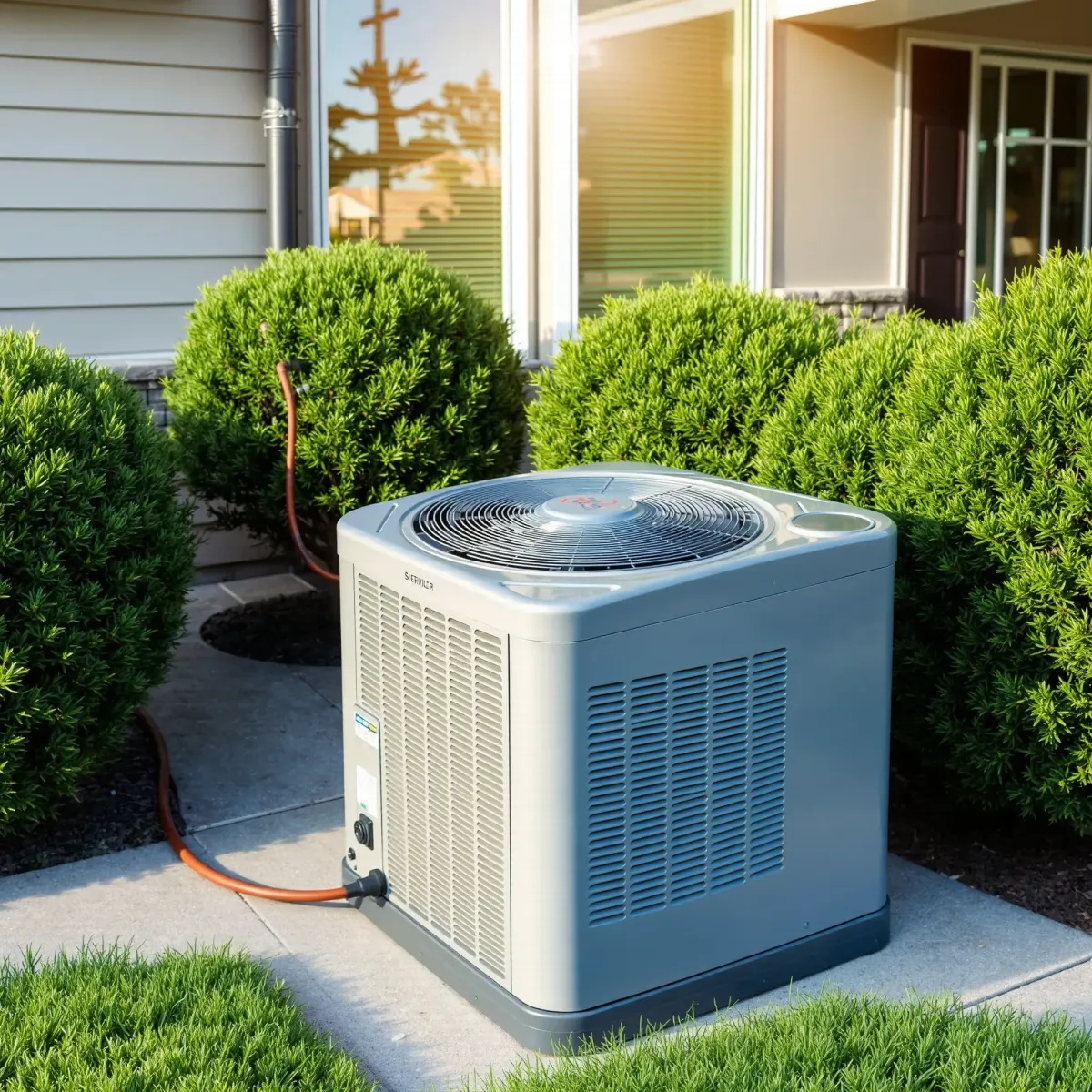 Outdoor air conditioning unit installed on a tidy, lush green lawn in Blue Mound, TX, showcasing professional craftsmanship.