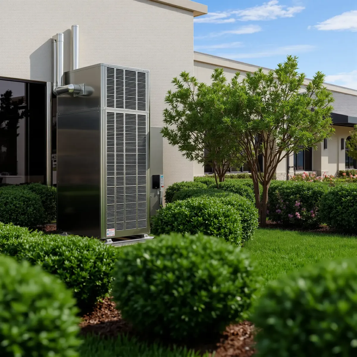 Modern HVAC unit on a sleek commercial building in Westworth Village, TX, with landscaped greenery and clear blue sky.