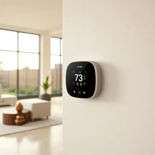 Programmable thermostat on a modern minimalist wall in a stylish Fort Worth home with natural light and lush greenery in the background