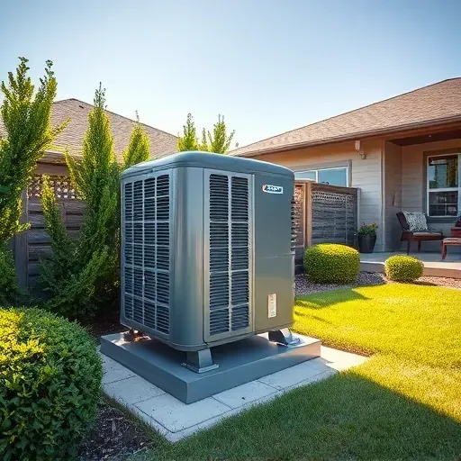 Repaired outdoor AC unit in Northlake, TX, on a concrete pad, surrounded by lawn, shrubs, and a suburban house.