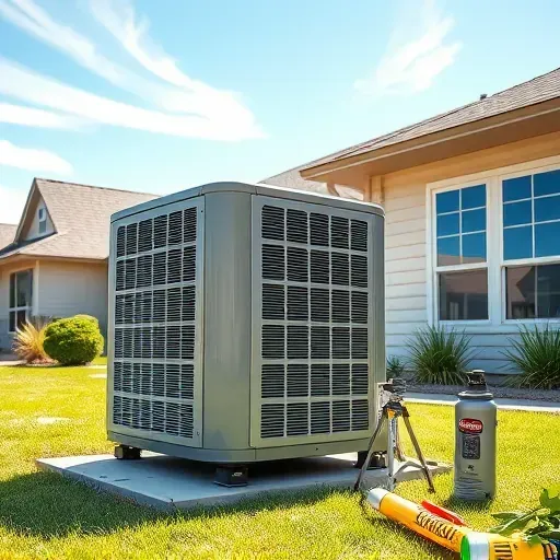 Freshly serviced energy-efficient outdoor AC unit in Fort Worth Texas with tools, modern home, and sunny sky scene