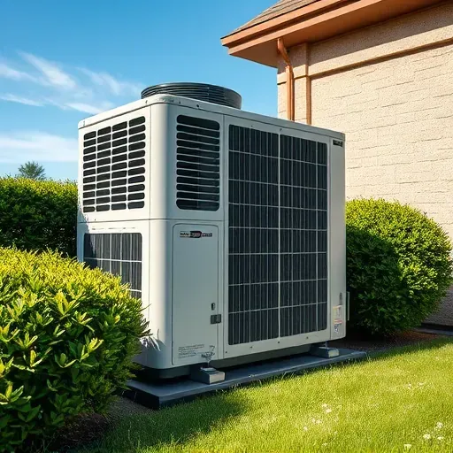 Newly installed air conditioning unit on a tidy building exterior in Fort Worth TX, surrounded by lush landscaping and clear skies.
