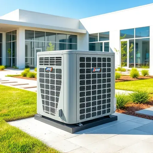 Modern outdoor air conditioning unit on landscaped, paved area in Hudson Oaks, TX, with clean surroundings and sunny weather.