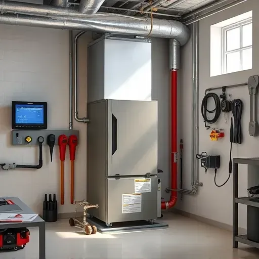 Clean modern HVAC technician's utility room with organized tools, high-efficiency furnace, exposed ductwork, digital diagnostics, and natural light