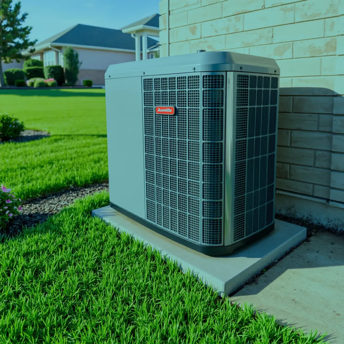 Reliable AC repair scene in Kennedale, TX with a modern outdoor unit, organized tools, lush lawn, and sunny sky.