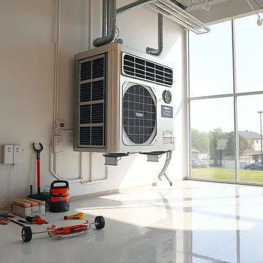 Modern commercial building interior with a polished HVAC unit, digital controls, tools, and a view of suburban trees.