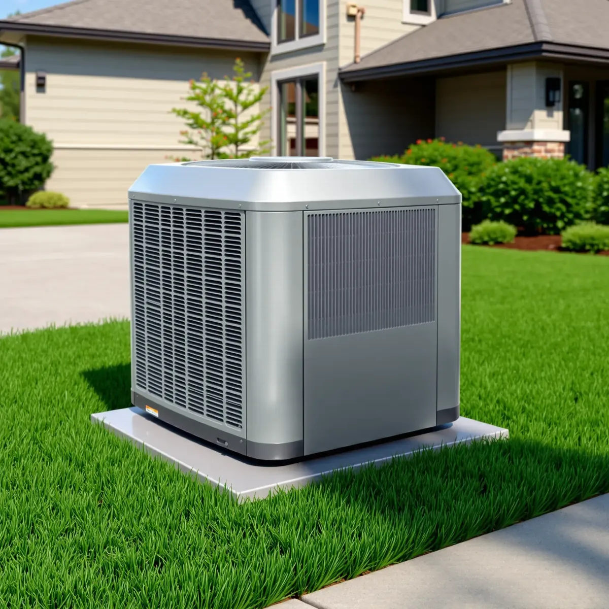 Perfectly installed modern HVAC system with sleek A/C unit in front of a contemporary home in Forest Hill, TX.
