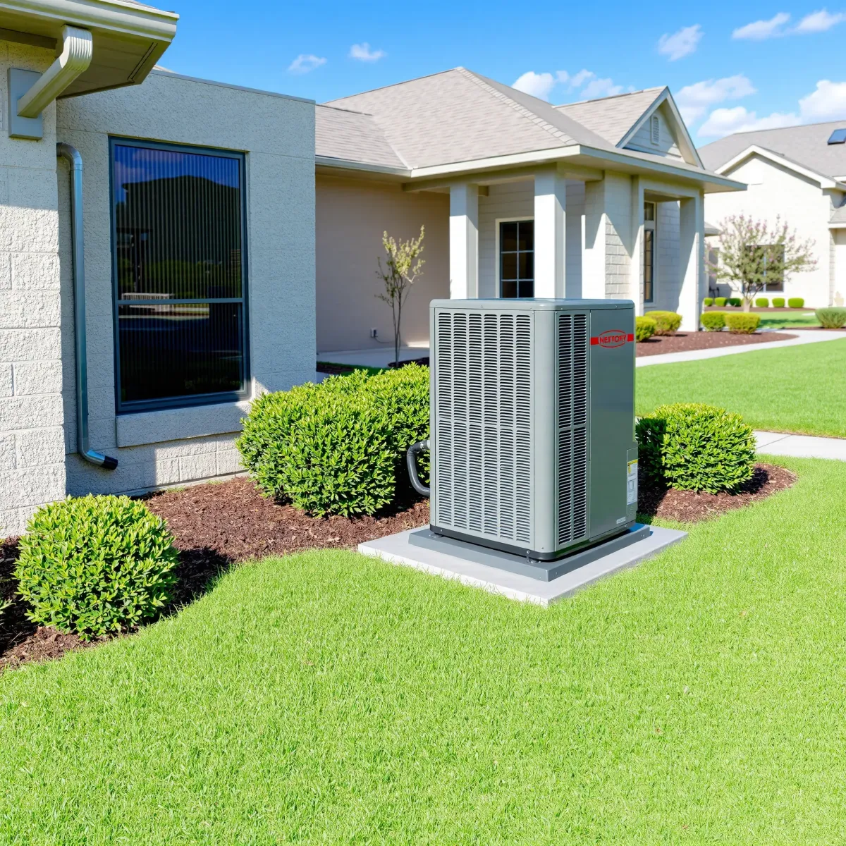 Detailed HVAC system installation in a Lake Dallas backyard with modern units, ductwork, Texas landscape, and suburban setting.