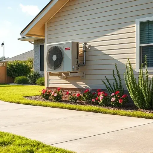 Recently installed sleek air conditioning unit on house exterior in Roanoke, TX, with lush landscaping and bright sky.