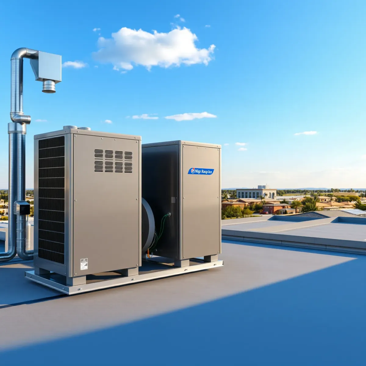 Modern outdoor HVAC unit on concrete pad in Hudson Oaks, TX, surrounded by greenery and suburban homes.