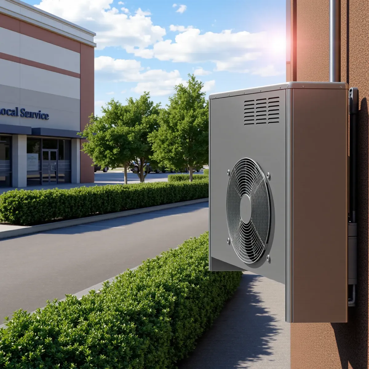 HVAC system on a commercial building in Saginaw, TX, with sleek design, detailed metallic surfaces, and landscaped surroundings.