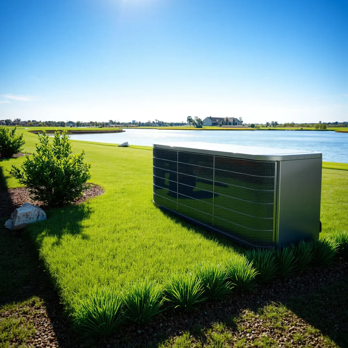 Freshly installed HVAC unit outdoors in a residential backyard near Lake Western, TX, with lush greenery and bright natural light.
