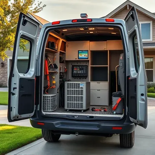 Modern HVAC van with organized tools parked in front of a suburban home in Haslet, TX, indicating professional HVAC services.