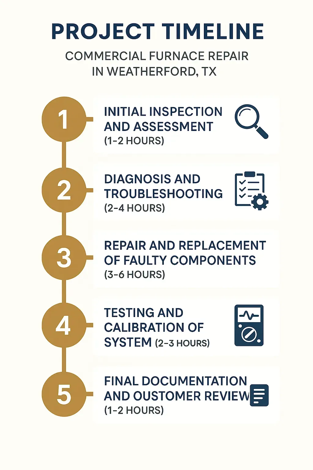 Infographic illustrating a five-step project timeline for Commercial Furnace Repair in Weatherford, TX.