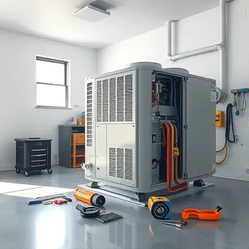 Repaired HVAC unit in a tidy Watauga TX basement with organized tools, bright lighting, and detailed metal components