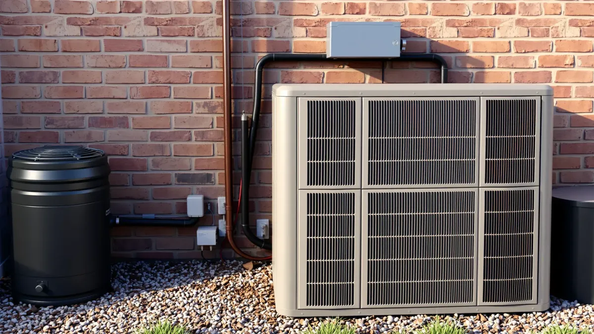 Outdoor Aledo, TX HVAC system with sleek metallic surfaces, copper pipes, and landscaped residential yard.