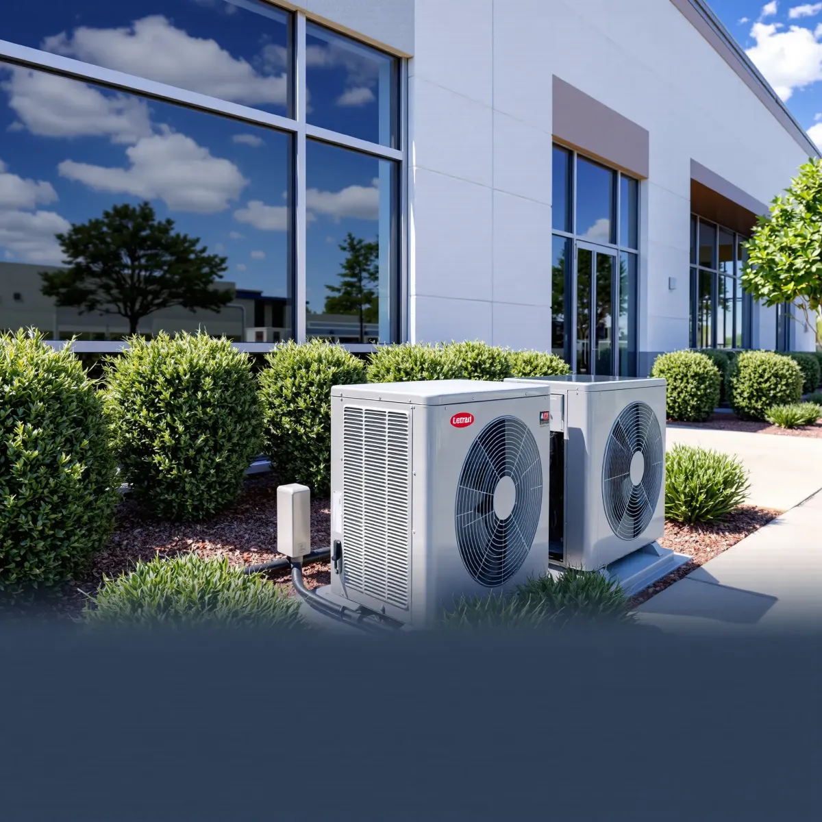Modern commercial building in Haltom City, TX with sleek HVAC unit, glass facade, tidy landscaping, and bright Texas sun.