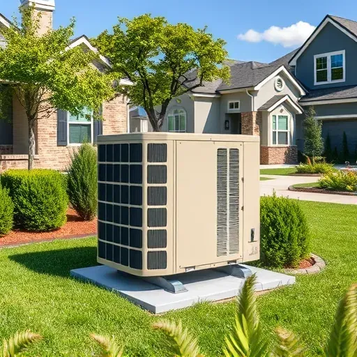 Outdoor HVAC unit on a concrete pad in Pecan Acres, TX, with green grass, shrubs, modern homes, and blue sky.