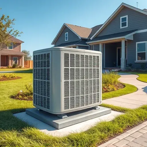 Operational outdoor HVAC unit on a concrete pad, near a modern home in Weatherford, TX, surrounded by landscaped garden and blue sky.