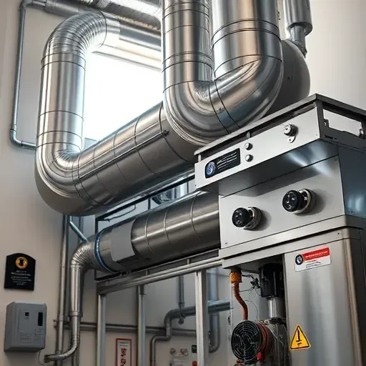 Modern HVAC system in a sleek mechanical room with polished ducts, vents, thermostats, and organized wiring.