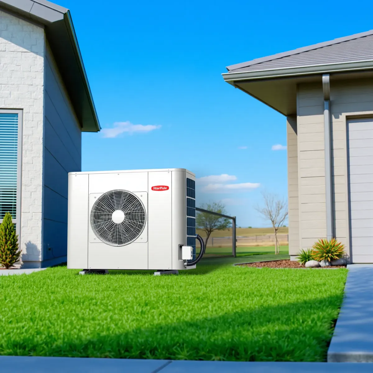 Modern HVAC system installed outdoors in a green suburban yard in Shady Shores, TX, with clear skies and neat surroundings.