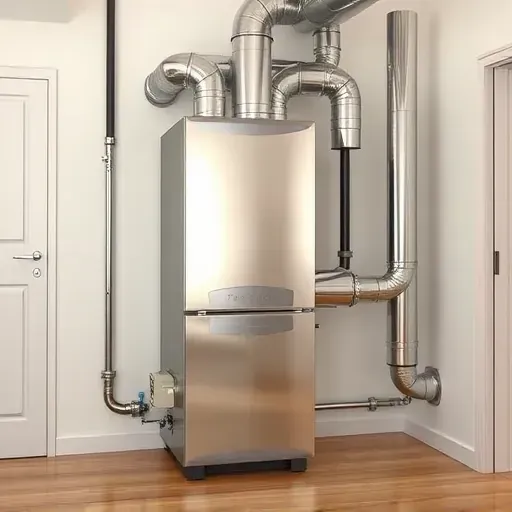Recently installed sleek furnace in a clean utility room with polished metal surfaces, ductwork, and bright natural lighting