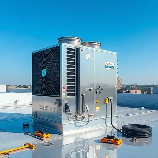 State-of-the-art HVAC repair setup on a rooftop in Weatherford TX with clear skies and cityscape in background.