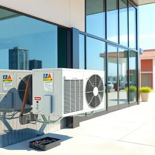 Repaired commercial air conditioning unit outside a modern Fort Worth storefront with toolbox and greenery.