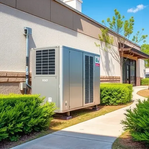 Modern HVAC unit installed outside a Watauga, TX building with lush landscaping on a sunny day.